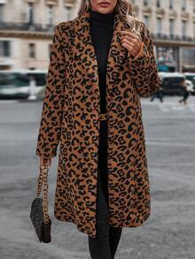 SHEIN Essnce Leopard Print Lapel Neck Open Front Coat - Coffee Brown - View 6