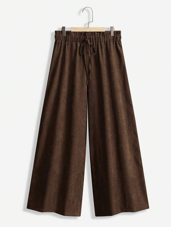 SHEIN LUNE Talla grande Pantalones con nudo de cintura con volante de pierna ancha de pana