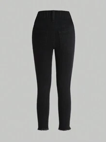 Young Girl Ripped Raw Cut Jeans - Black - View 2