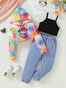 SHEIN Young Girl Tie Dye Expression Print Hoodie & Pants & Cami Top