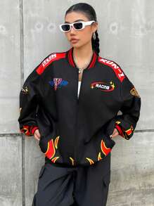 Coolane Car & Letter Graphic Striped Trim Drop Shoulder Bomber Jacket In Fall/Winter - Black - View 4