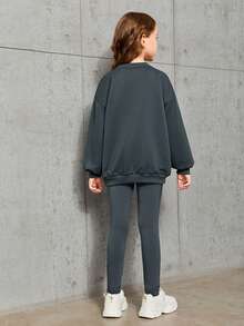 Tween Girl Patched Detail Drop Shoulder Pullover & Leggings - Dark Grey - View 2