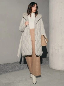 Anewsta Abrigo acolchado con capucha de color liso informal para mujer en invierno - Albaricoque - Ver 1