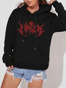 SHEIN Unity Letter Graphic Kangaroo Pocket Drawstring Hoodie - Black - View 4