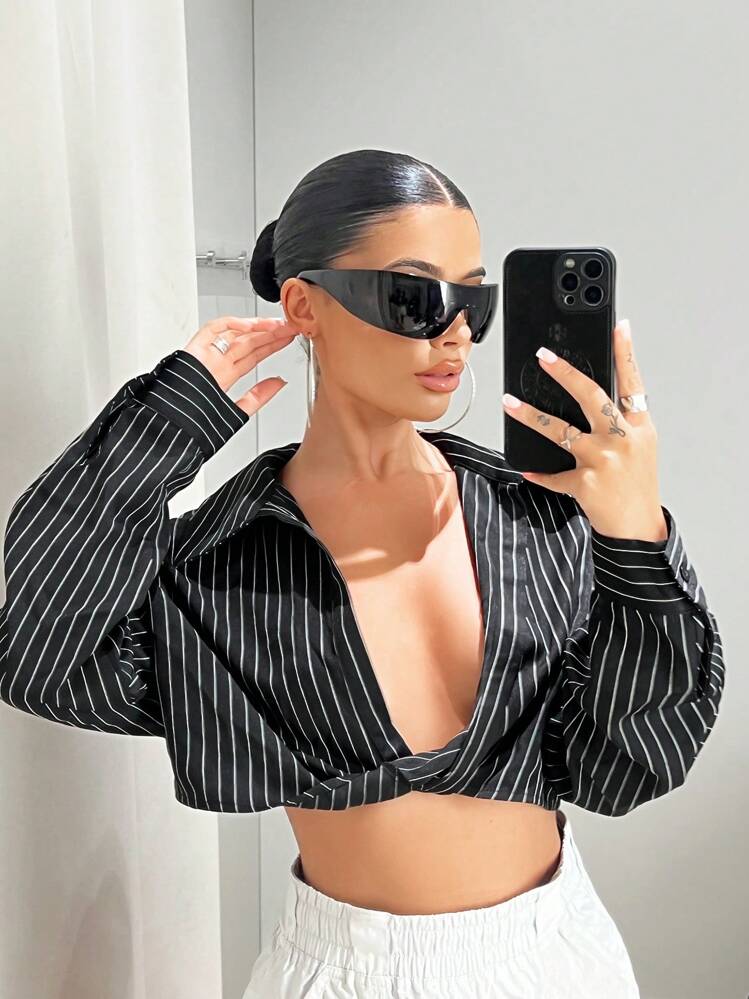 SHEIN ICON Striped Print Twist Front Crop Shirt,Long Sleeve Tops - Black - View 1
