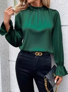 SHEIN Privé Frill Neck Flounce Sleeve Blouse - Green - View 4