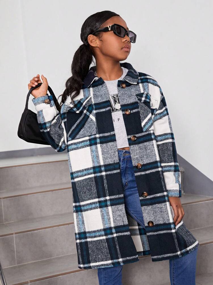 Tween Girl Plaid Flap Pocket Drop Shoulder Overcoat