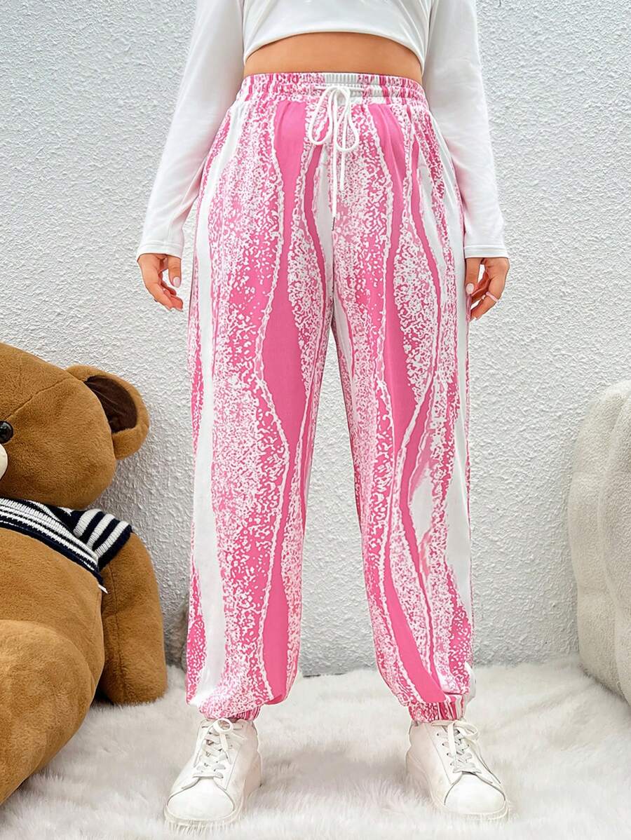 SHEIN EZwear 大尺碼女水波紋印花運動衫和褲子 - 粉色 - 查看 1