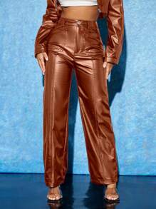SHEIN PETITE Patch Pocket Seam Front Pants ,Petite Women - Brown - View 5