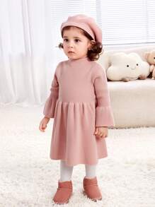 SHEIN Baby Girl Flare Sleeve High Neck Sweater Dress - Pink - View 6