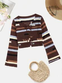 SHEIN VCAY Striped Pattern Knot Front Cardigan - Multicolor - View 1