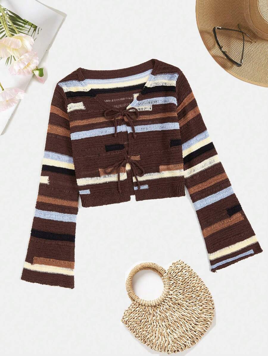 SHEIN VCAY Striped Pattern Knot Front Cardigan - Multicolor - View 1