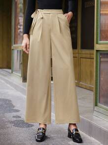 BizChic Chất rắn Túi nghiêng quần ống rộng Quần tây - Màu Khaki - Xem 1