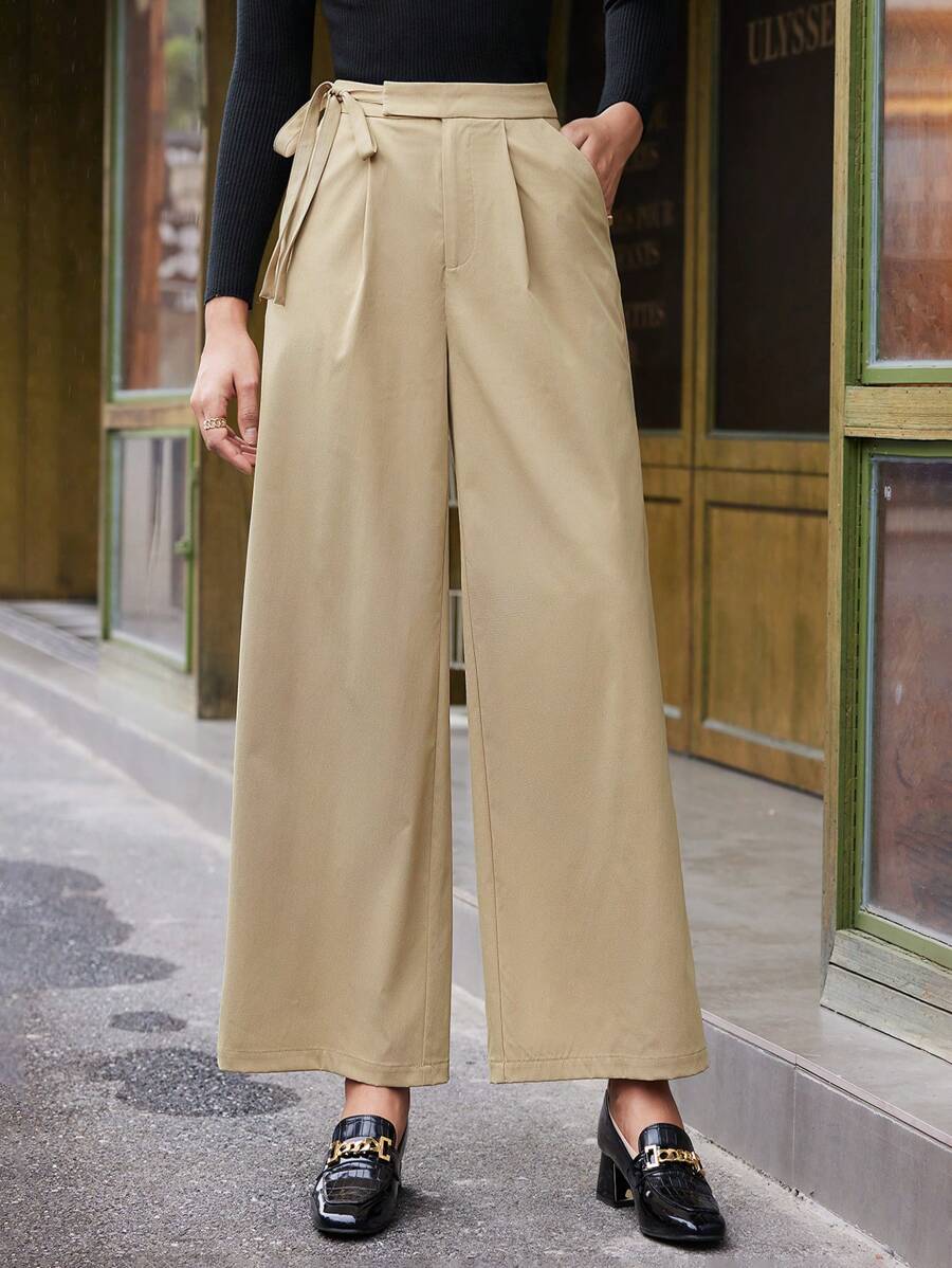 BizChic Chất rắn Túi nghiêng quần ống rộng Quần tây - Màu Khaki - Xem 1