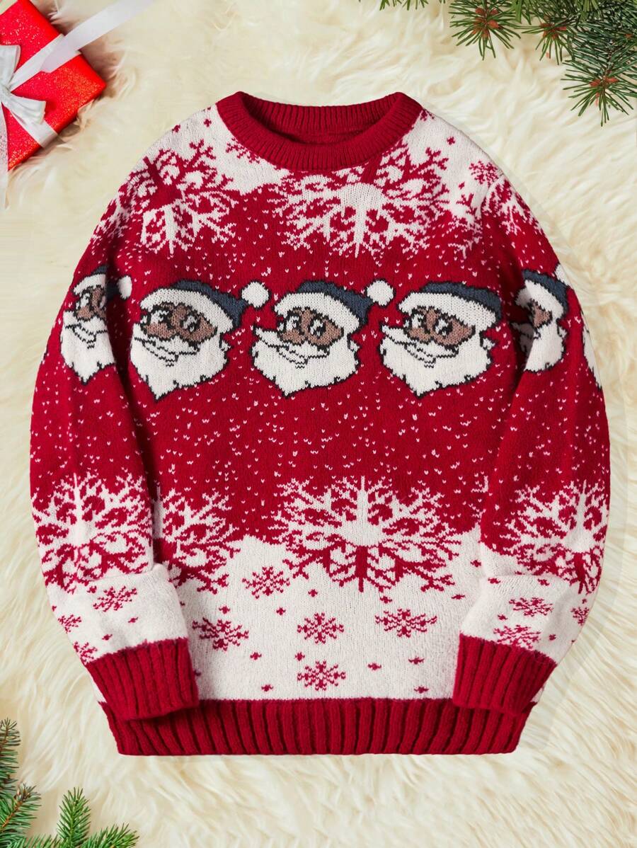 RueChic Men Christmas Santa Claus Pattern Sweater - Red - View 1