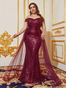 大尺碼露肩對比亮片晚禮服連網紗裙 - 酒紅色 - 查看 4