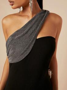 Hauture One Shoulder Rhinestone Detail Bodycon Dress - Black - View 7