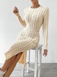 SHEIN Essnce Cable Knit Split Thigh Sweater Dress Without Belt - Apricot - View 1