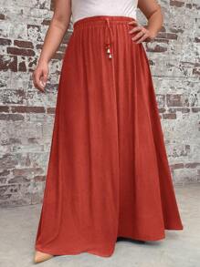 SHEIN LUNE 大碼腰部抽繩超長A字半身裙 - 鏽棕色 - 查看 1