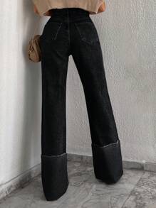 SHEIN Cottnline Straight Leg High Waisted Jeans - Black - View 2