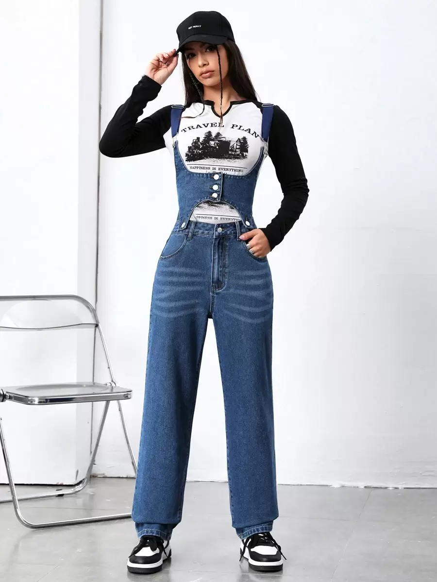 SHEIN EZwear 鏤空前紐扣牛仔背帶褲不帶T恤 - 中等水洗藍 - 查看 1