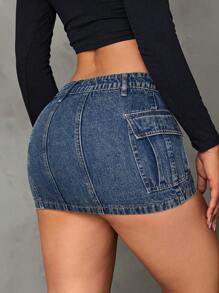 SHEIN ICON 翻蓋口袋牛仔半身裙 - 深色水洗藍 - 查看 2