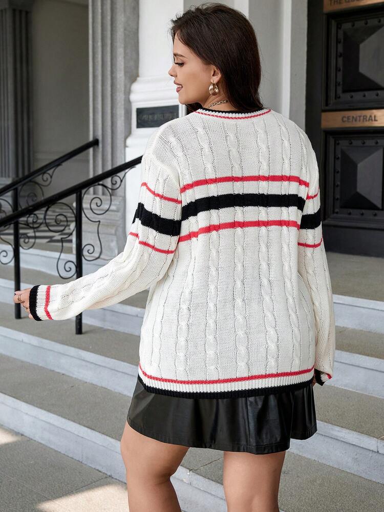 Plus Striped Pattern Cable Knit Drop Shoulder Sweater Knit Pullover Fall Winter Sweater