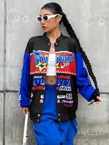 SHEIN Coolane 機車文化字母圖形彩塊下擺襯墊飛行外套 - 彩色 - 查看 3