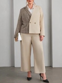 SHEIN Essnce Plus Plaid Double Button Blazer & Suit Pants - Beige - View 6