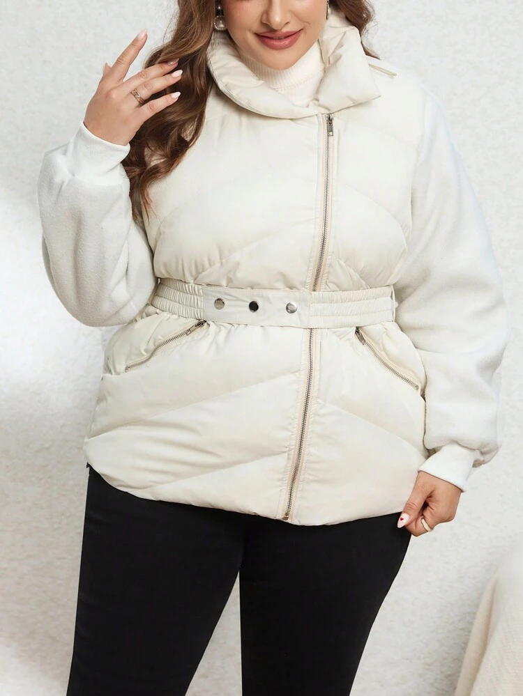 Plus Size Winter Patchwork Long-Sleeved Jacket With Waistband And Waist Design