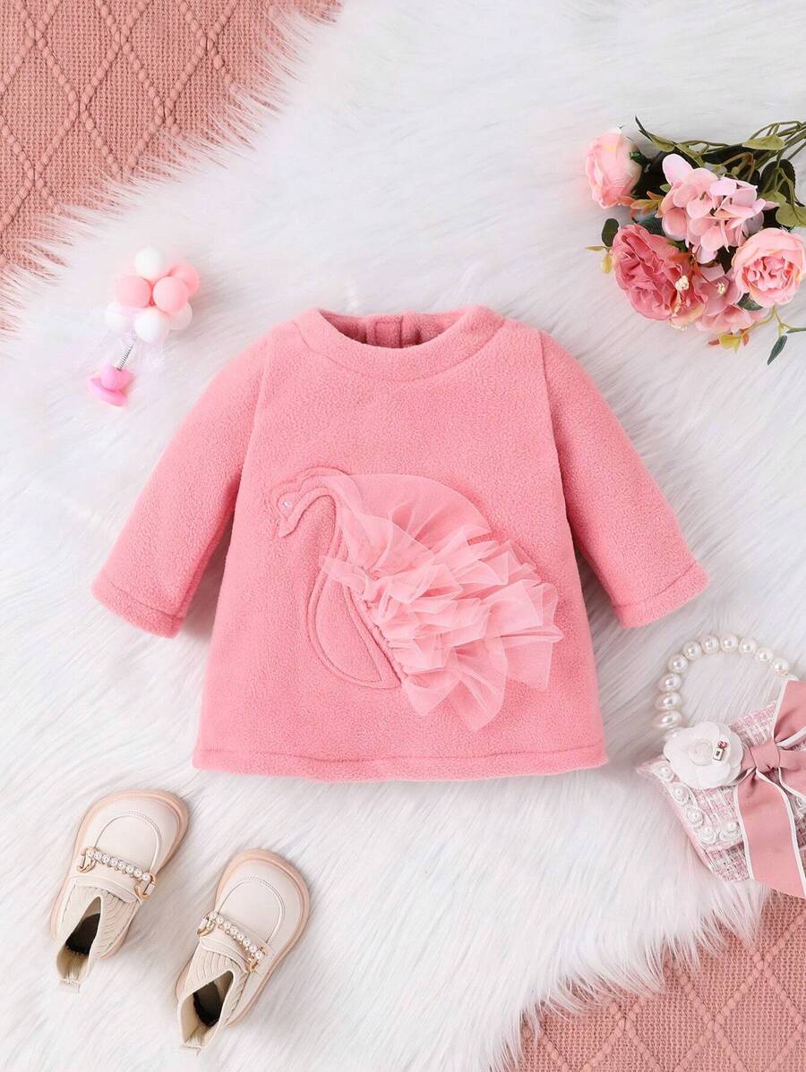 Baby Girl Swan Patched Ruffle Trim Dress