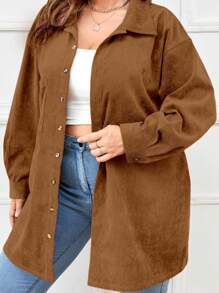 Calvaya 大碼落肩袖口袋貼布襯衫 - 咖啡棕 - 查看 4