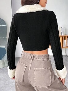 SHEIN EZwear 2入組毛絨領釦前開衫和細肩帶針織上衣 - 黑色 - 查看 2