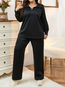 Calvaya 1 Set de sudadera de cuello vuelto de manga larga y pantalón de chándal de unicolor, conjunto casual de 2 piezas con forro térmico para mujer de talla grande - Negro - Ver 5