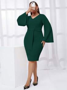 SHEIN Privé Hơn Tay áo kèn  Nút phía trước Váy bodycon - Màu xanh lá cây đậm - Xem 3