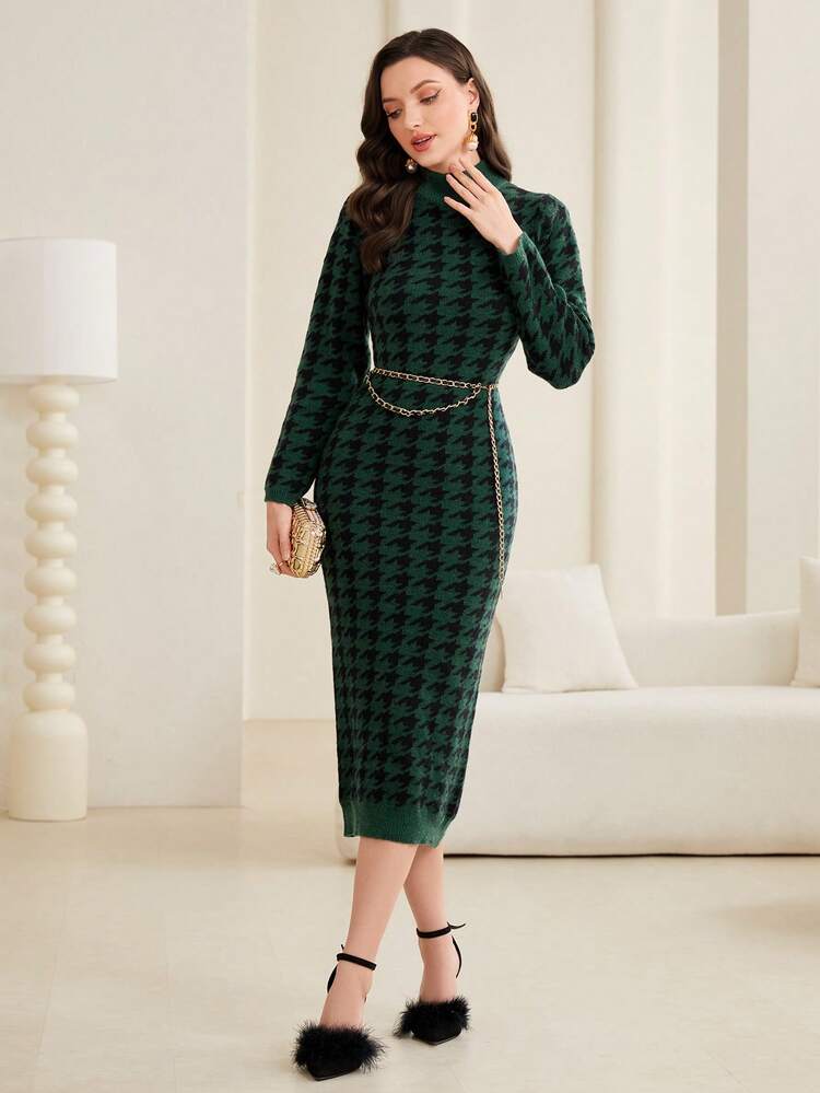 Houndstooth Pattern Stand Collar Sweater Dress