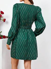 SHEIN Clasi Allover Print Surplice Neck Belted Dress - Dark Green - View 9