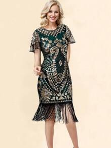 Sequin Decor Fringe Hem Dress - Dark Green - View 1