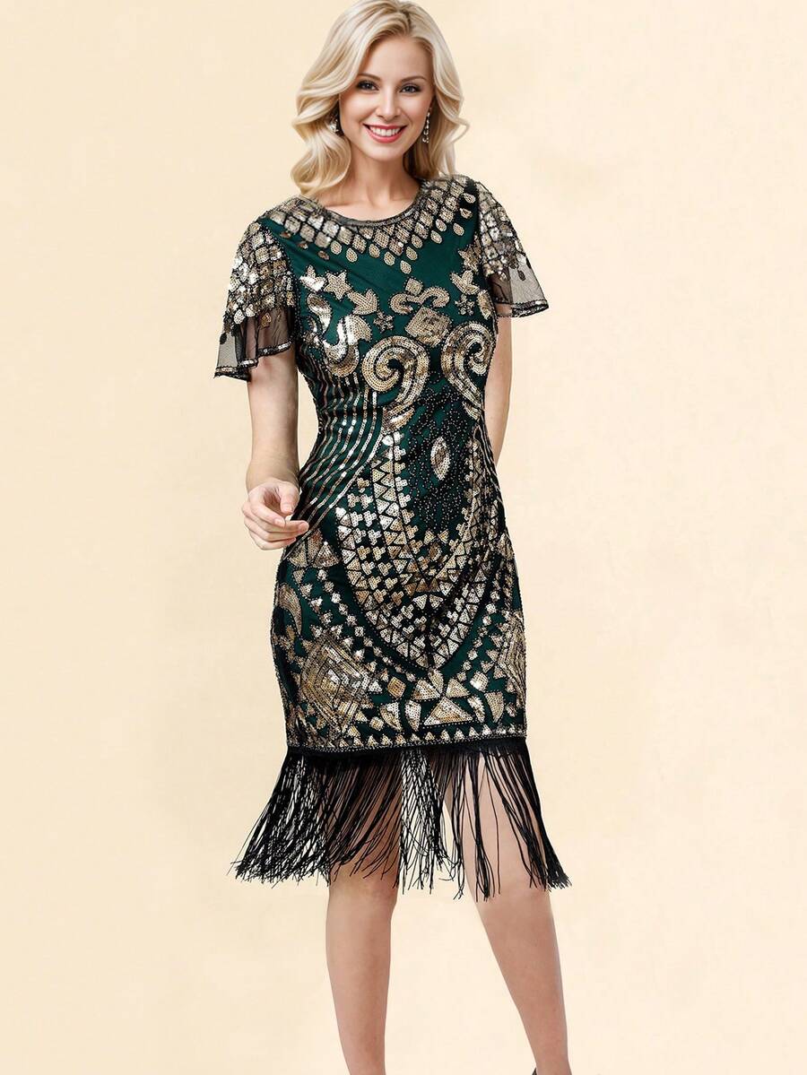 Sequin Decor Fringe Hem Dress - Dark Green - View 1