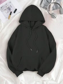 SHEIN EZwear 標語圖案抽繩加絨內裏連帽衫 - 黑色 - 查看 2