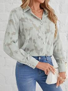 SHEIN Frenchy 提花前紐扣襯衫 - 綠色 - 查看 5