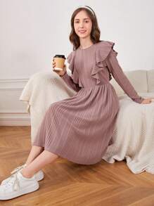 SHEIN 青少年女孩针织罗纹套头毛衣裙（带短袖）