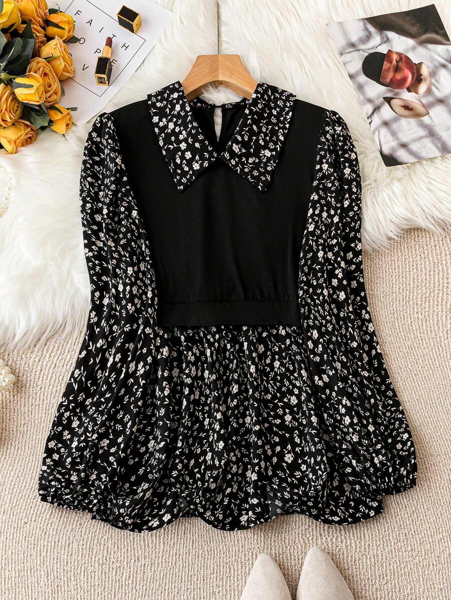 SHEIN Clasi 大码女式休闲碎花拼接衬衫，秋季 - 黑色 - 查看 1