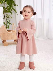 SHEIN Baby Girl Flare Sleeve High Neck Sweater Dress - Pink - View 3