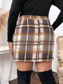 SHEIN Unity Plus Plaid Print Asymmetrical Hem Skirt - Pink - View 2