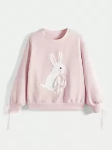 ROMWE Kawaii Plus Rabbit Embroidery Drop Shoulder Sweatshirt - Pink - View 2