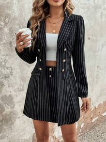 EMERY ROSE Striped Print Double Breasted Blazer & Skirt Fall Cloth For Women - Black - View 3