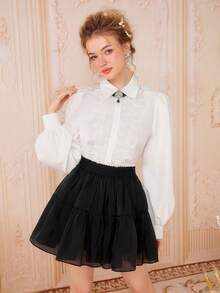 SHEIN MOD 蕾絲邊燈籠袖襯衫不附帶水鑽 - 白色 - 查看 2