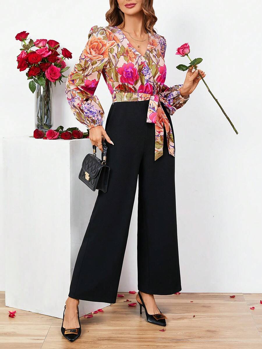 SHEIN Clasi Của phụ nữ In hoa Tay áo lồng đèn Áo liền quần Với thắt lưng - Nhiều màu - Xem 1