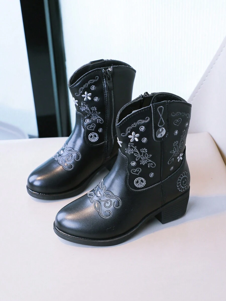Botas Negras Para Niños Con Diseño De Flores - Negro - Ver 1